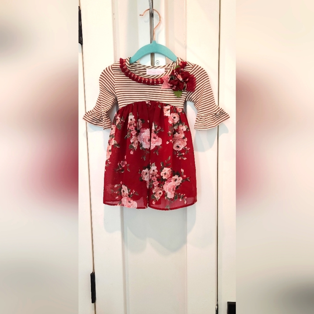 NWOT Bonnie Baby 6-9M burgundy floral and stripe dress